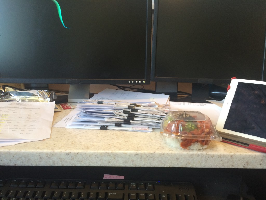 Yes, this is my desk - 2 monitors, an iPad and tons of bank statements.  With a spicy poke!